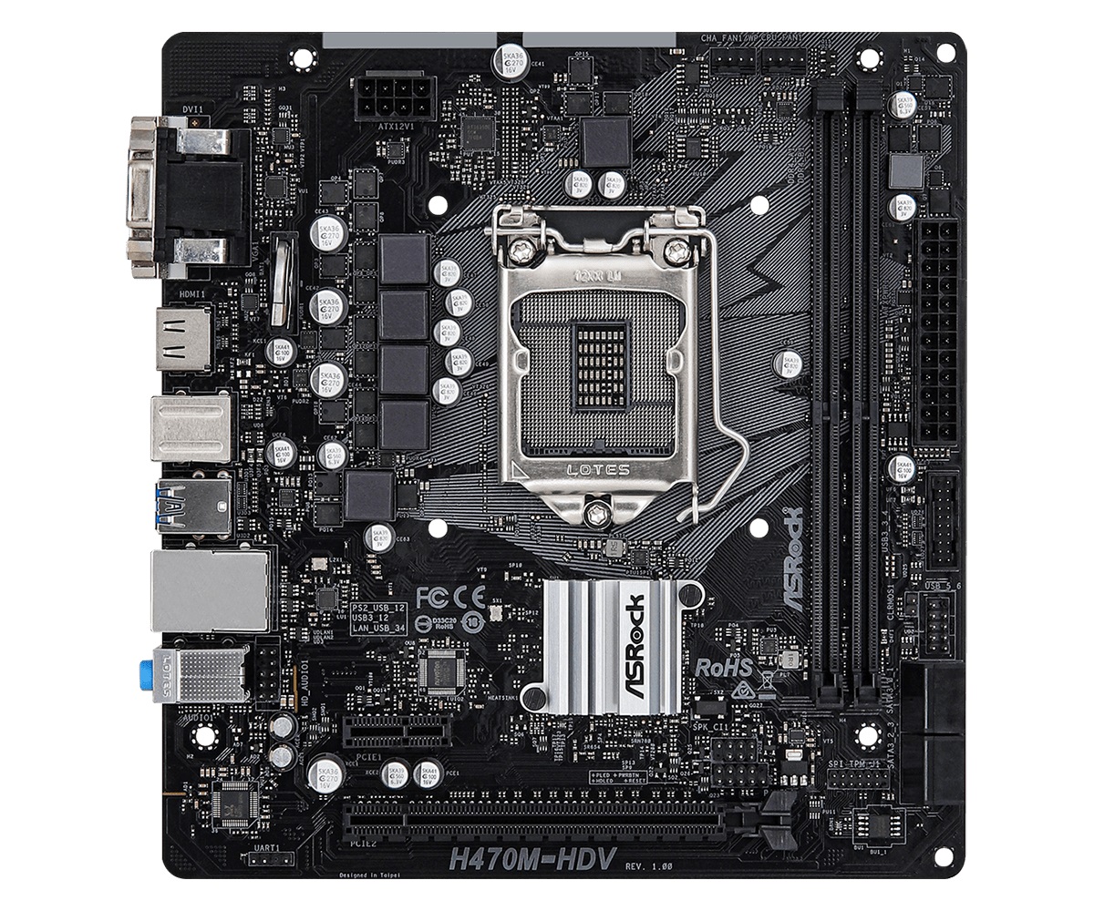 Материнская плата mATX ASRock H470M-HDV/M.2 (LGA1200, H470, 2*DDR4(2933), 4*SATA 6G RAID, M.2, 2*PCIE, 7.1CH, Glan, D-Sub, DVI-D, HDMI, 4*USB 3.2)