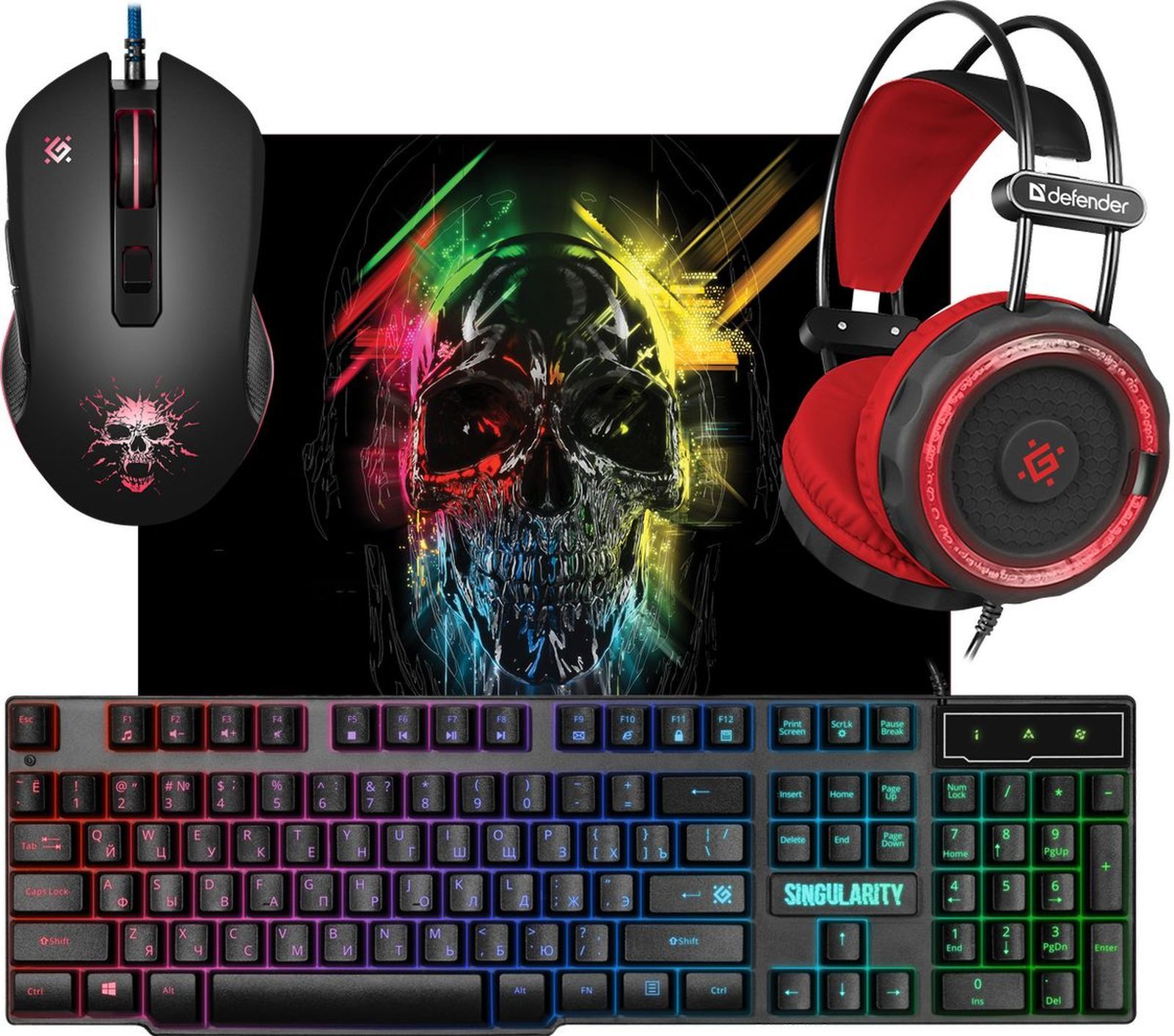 Комплект клавиатура + мышь + ковер + наушники Defender Singularity MKP-118 игровой, подсветка, USB