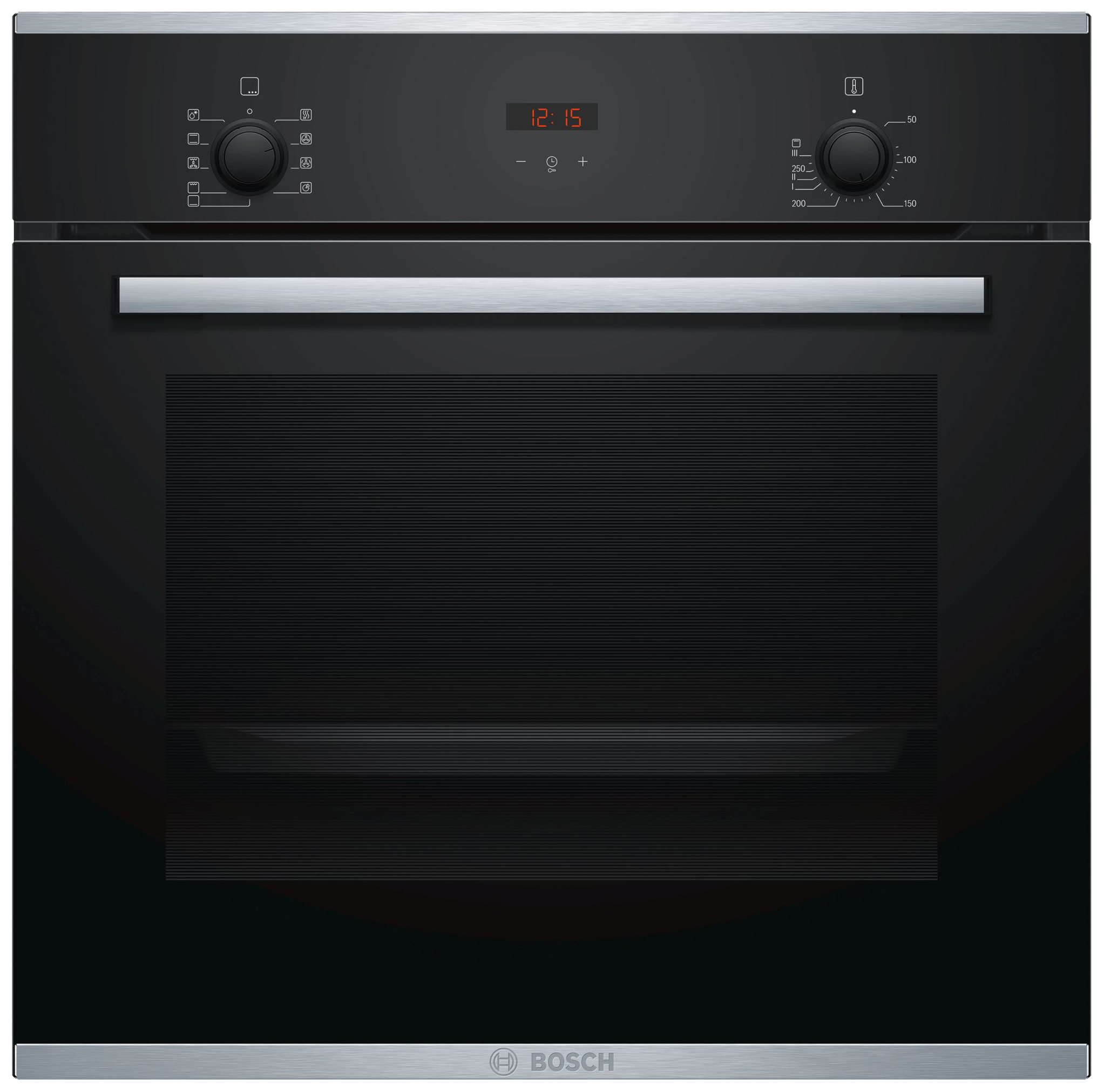 Электрический духовой шкаф Bosch Serie 4 HBF234EB0R [66 л, каталит., оч. паром, гриль, конв., сенсор, утапл. ручки, ст.-3, дисплей, черный, серебристы