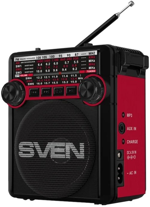 Портативная акустика SVEN SRP-355, 3 Вт, FM, AUX, USB, SD, microSD, черный/красный