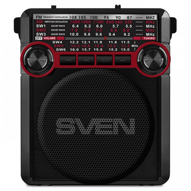 Портативная акустика SVEN SRP-355, 3 Вт, FM, AUX, USB, SD, microSD, черный/красный