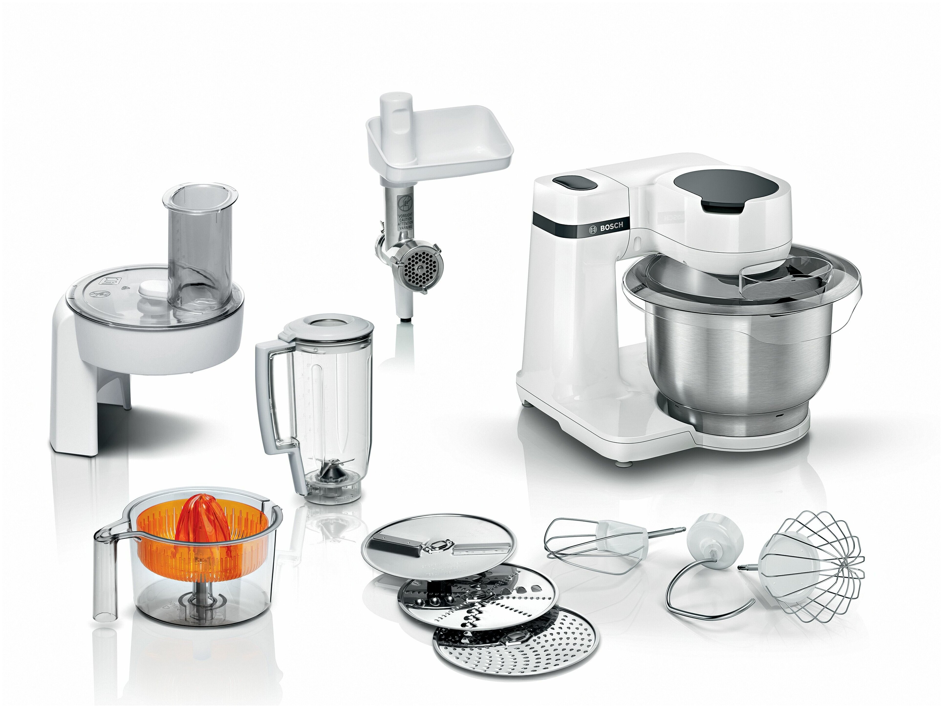 Кухонная машина Bosch MUMS2EW40 [700 Вт, чаша - 3.8 л, соковыжималка, мясорубка, блендер, терка, белый, черный]