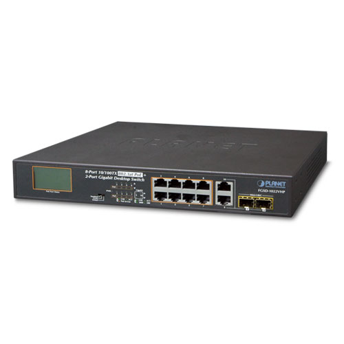 коммутатор PLANET 8-Port 10/100TX 802.3at PoE + 2-Port Gigabit TP/SFP combo Desktop Switch