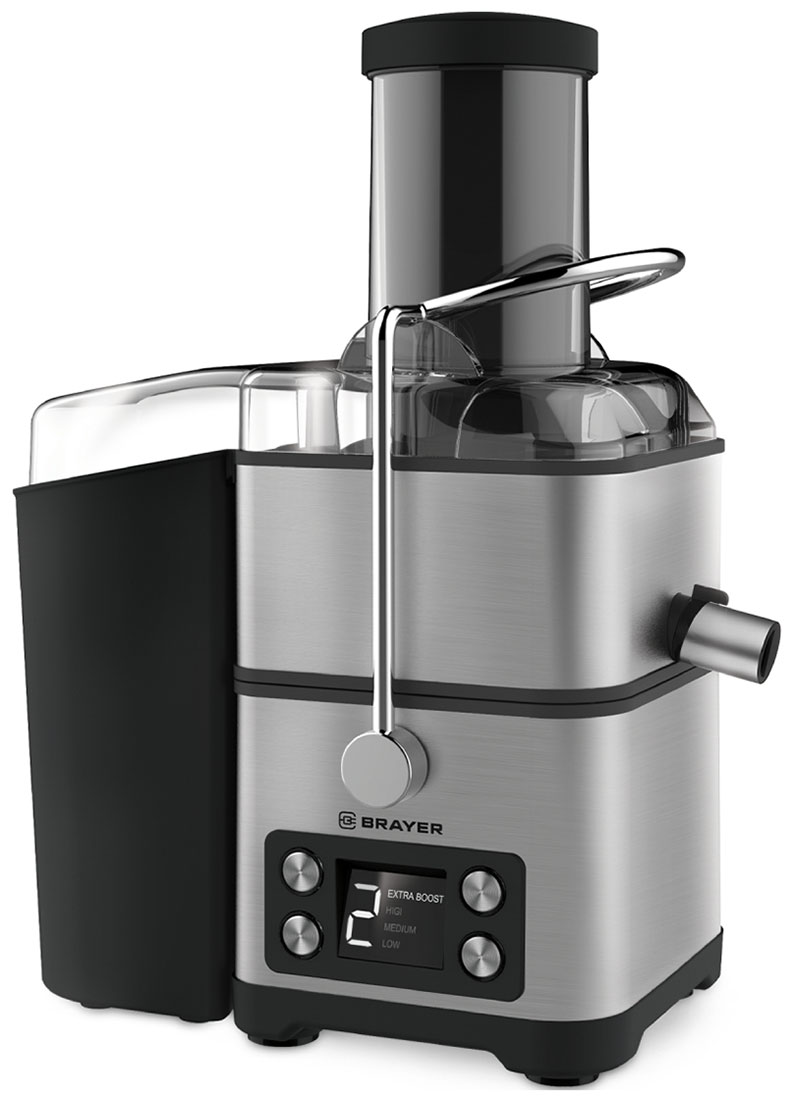 Соковыжималка электрическая BRAYER BR1704 [800 Вт, центробежная, скоростей - 4, резервуар для сока - 1100 мл, корпус - нержавеющая сталь, серый, черны