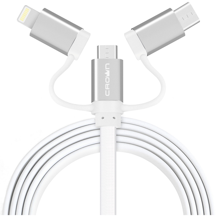 Кабель 3 в 1 Crown CMCU-3182 с разъемом Apple Lightning/micro-USB/Type C 1м белый