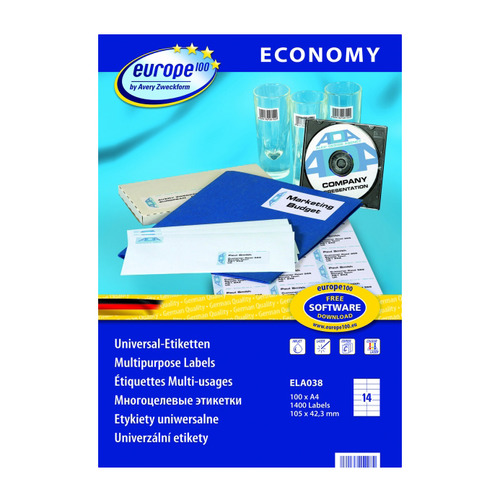 Этикетки Europe100 ELA038-100 A4 105x42.3мм 14шт на листе/70г/м2/100л./белый матовое самоклей. универсальная