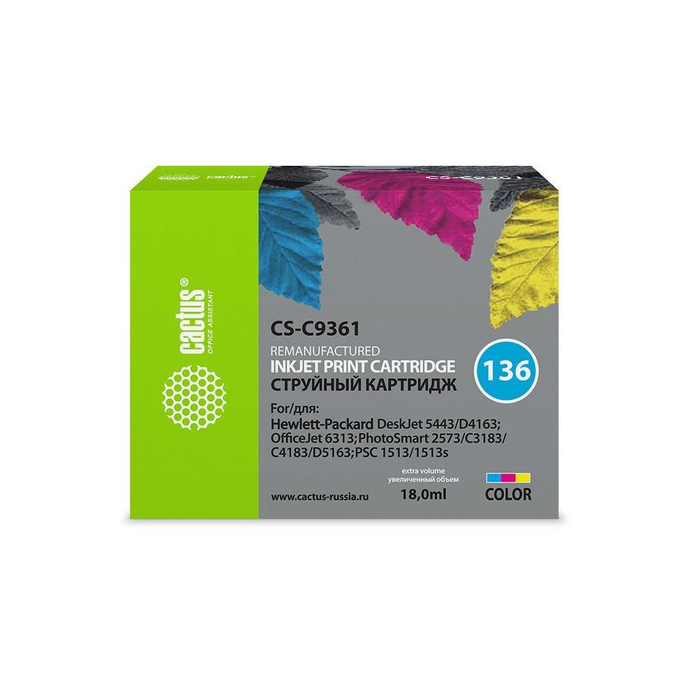 Картридж струйный Cactus CS-C9361 №136 многоцветный (18мл) для HP DJ 5443/D4163/DJ 6313/PS 2573/C3183/C4183/D5163/1513/1513s
