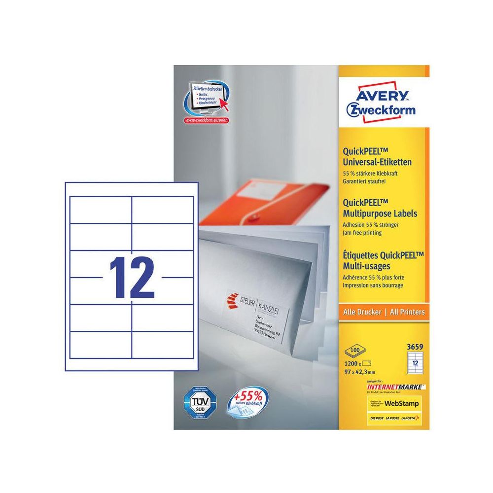 Этикетки Avery Zweckform 3659 A4 97x42.3мм 12шт на листе/70г/м2/100л./белый матовое самоклей. универсальная