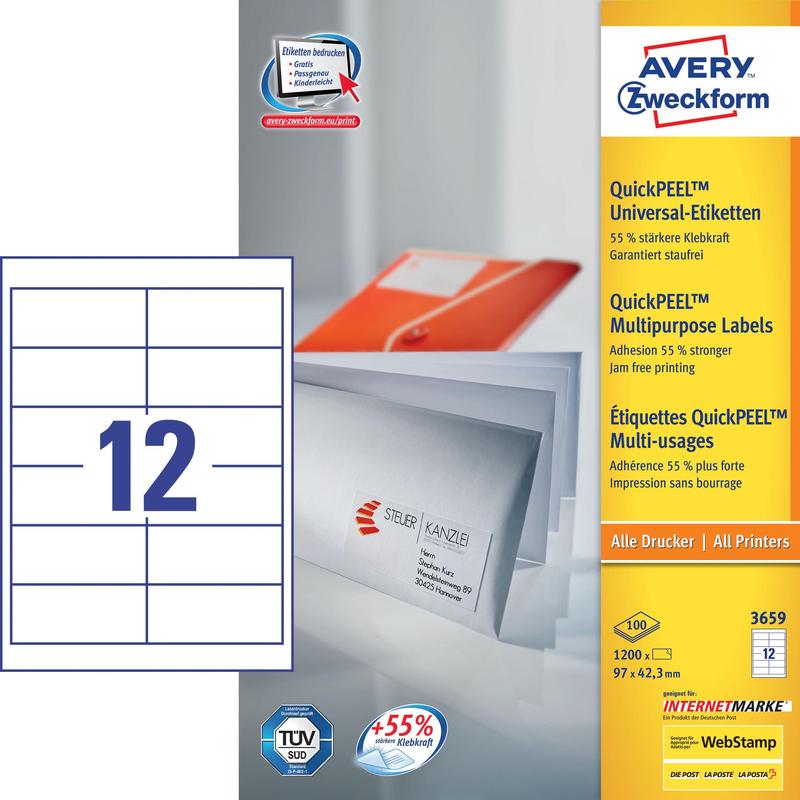 Этикетки Avery Zweckform 3659 A4 97x42.3мм 12шт на листе/70г/м2/100л./белый матовое самоклей. универсальная