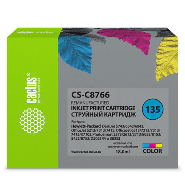 Картридж струйный Cactus CS-C8766 №135 многоцветный (18мл) для HP DJ 5743/6543/6843/DJ 6213/7313/7413/6313/7213/7313/7413/K7103/PS 2573/2613/2713/8053/8153/8453/8753/D5063/Pro B8353