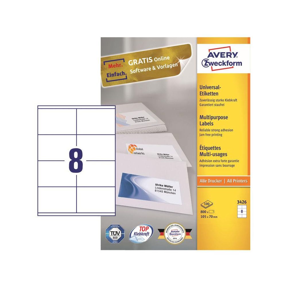 Этикетки Avery Zweckform 3426 A4 105x70мм 8шт на листе/70г/м2/100л./белый матовое самоклей. универсальная