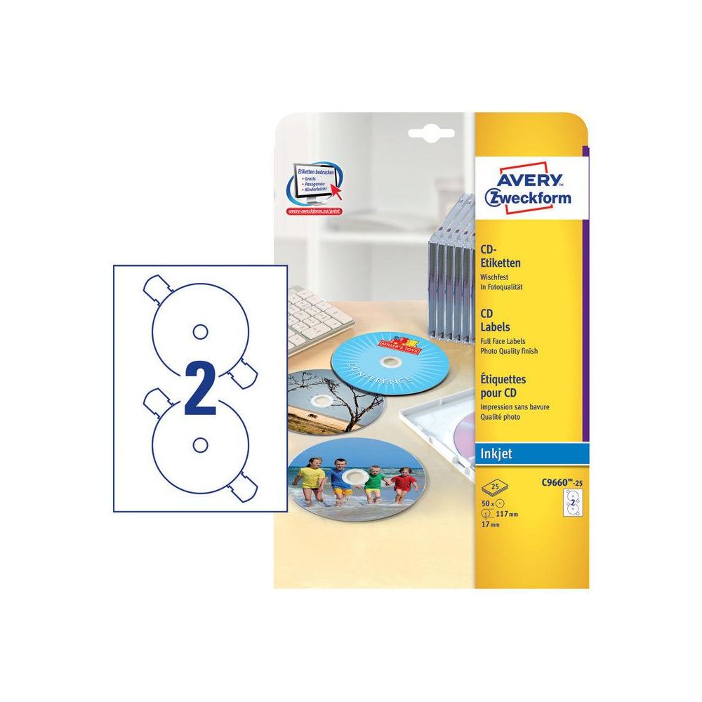 Этикетки Avery Zweckform CD/DV C9660-25 A4/196г/м2/25л./белый супер глянец самоклей. для лазерной печати