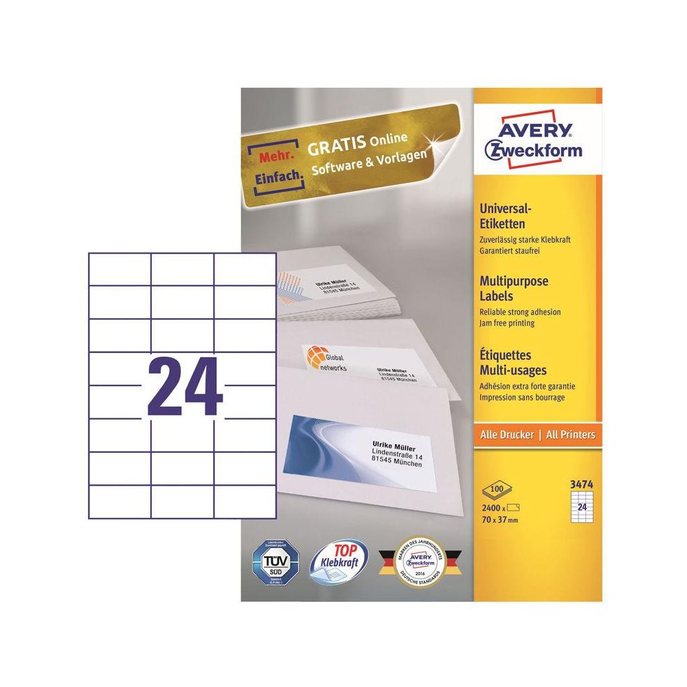 Этикетки Avery Zweckform 3474 A4 70x37мм 24шт на листе/70г/м2/100л./белый матовое самоклей. универсальная