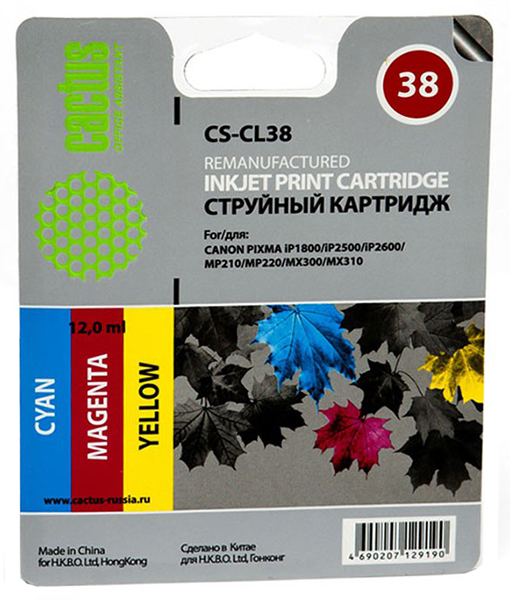 Картридж струйный Cactus CS-CL38 CL-38 многоцветный (9мл) для Canon Pixma iP1800/iP1900/iP2500/iP2600/MP140/MP190/MP210/MP220/MP470/MX300/MX310