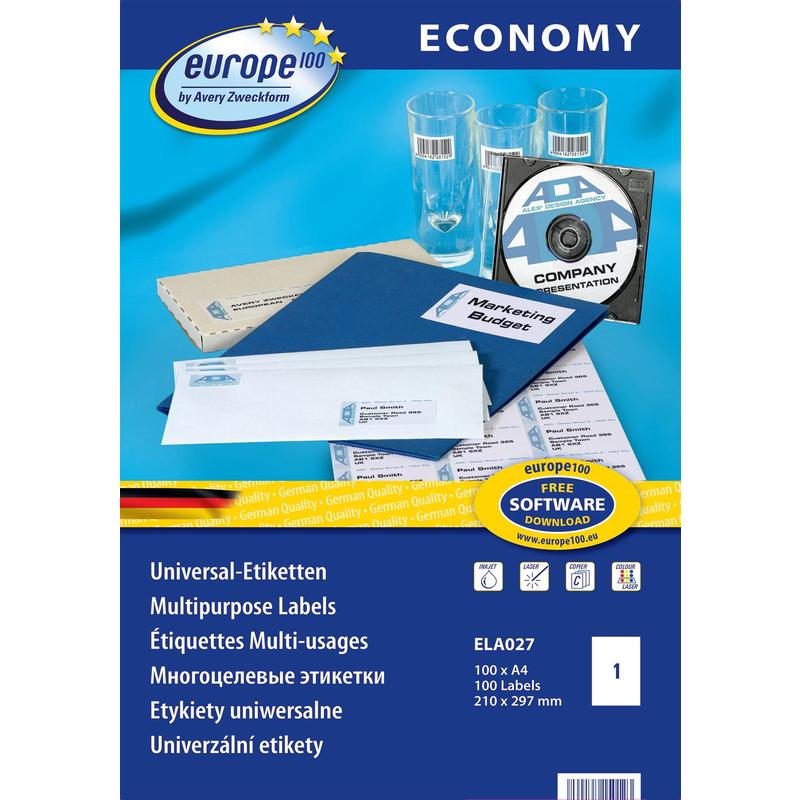 Этикетки Europe100 ELA027-100 A4 210x297мм 1шт на листе/70г/м2/1л./белый матовое самоклей. универсальная