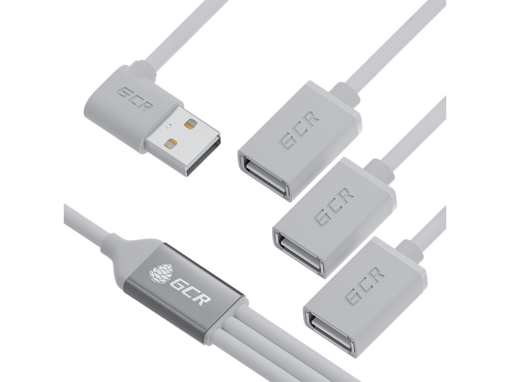 Хаб GCR USB Hub 2.0 на 3 порта, 0.35m, гибкий, двусторонний угловой AM / 3 х AF, белый, GCR-53355