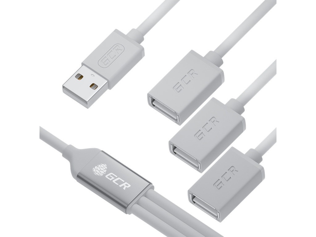 Хаб GCR USB Hub 2.0 на 3 порта, 0.35m, гибкий, AM / 3 х AF, белый, GCR-53354