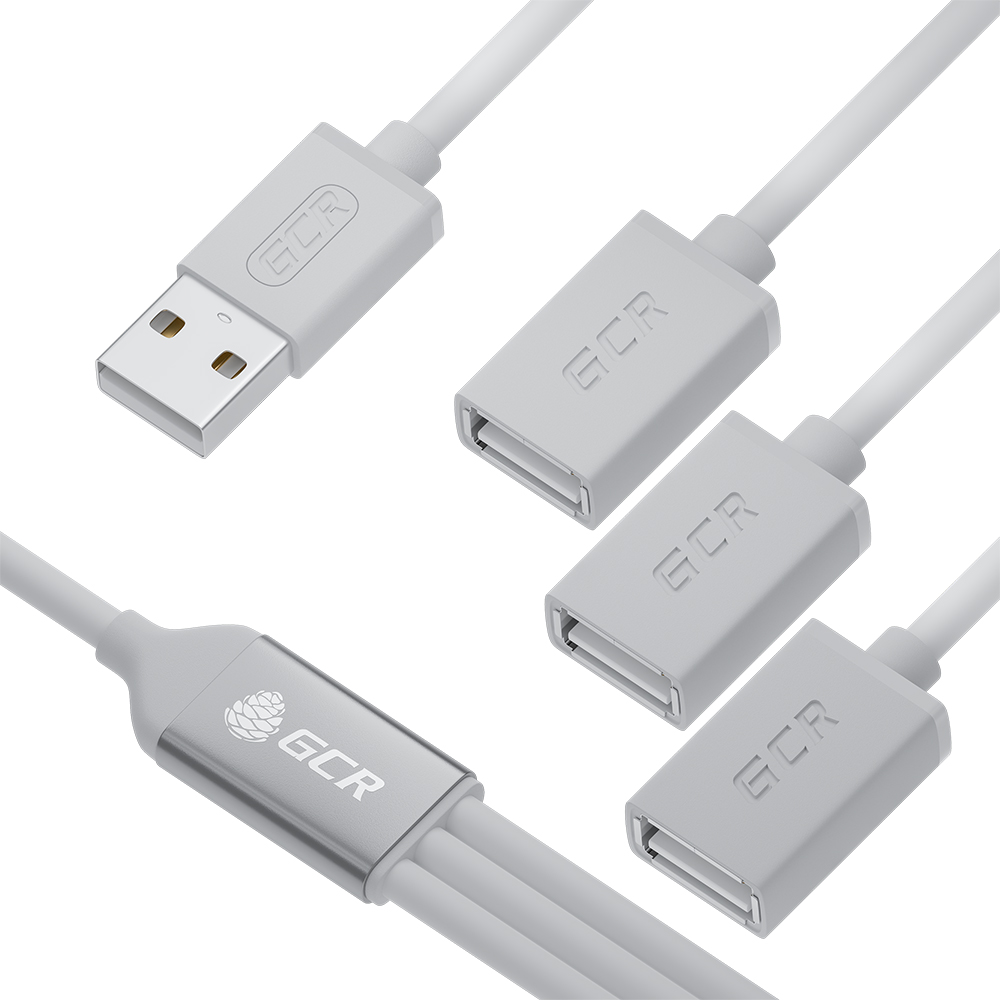 Хаб GCR USB Hub 2.0 на 3 порта, 0.35m, гибкий, AM / 3 х AF, белый, GCR-53354