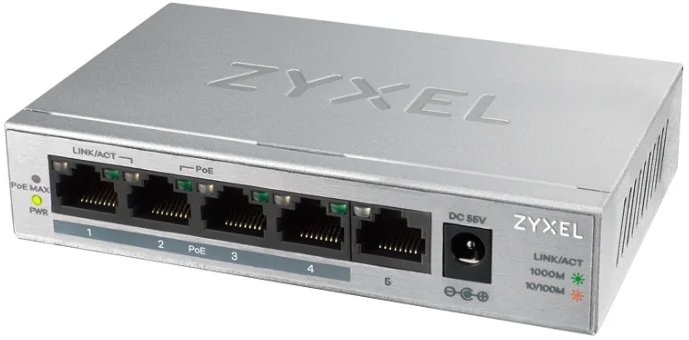 Коммутатор Zyxel GS1005HP Switch PoE +, 5xGE (4xPoE +), desktop, metal, silent, PoE budget 60 W