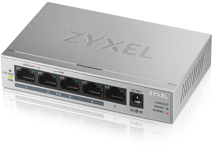 Коммутатор Zyxel GS1005HP Switch PoE +, 5xGE (4xPoE +), desktop, metal, silent, PoE budget 60 W