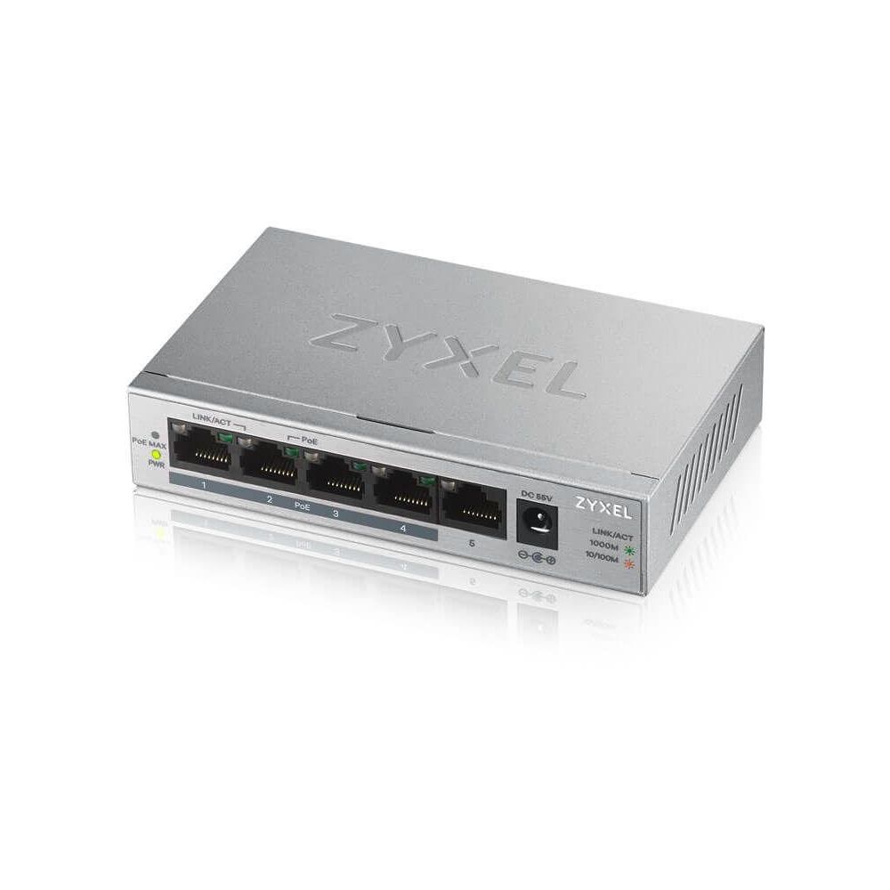 Коммутатор Zyxel GS1005HP Switch PoE +, 5xGE (4xPoE +), desktop, metal, silent, PoE budget 60 W