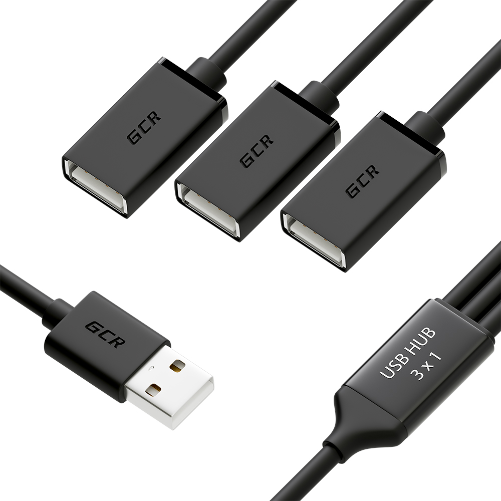Хаб USB Hub 2.0 на 3 порта, 1.2m, гибкий, AM / 3 х AF, черный, GCR-52356