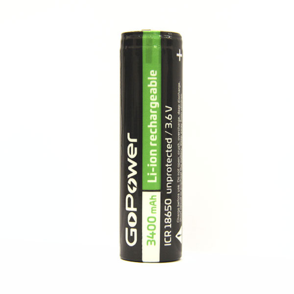 Аккумулятор Li-ion GoPower 18650 (Pan. NCR18650B) PC1 3.6V 3400mAh без защиты плос.конт. (1/96/192)