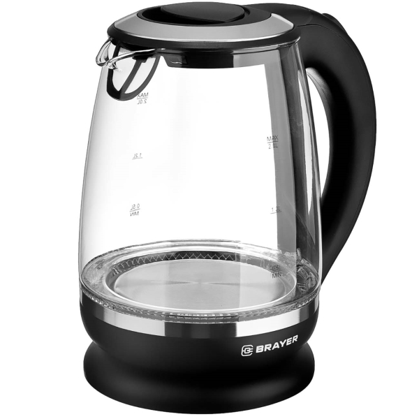 Электрочайник BRAYER BR1044BK [термостойкое стекло, 2 л, 2200 Вт, фильтр, скрытый нагревательный элемент, черный, серебристый]