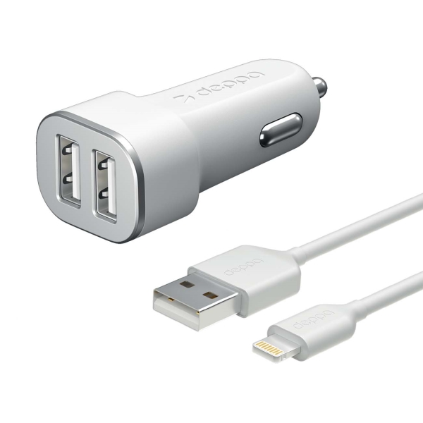 Автомобильное зарядное устройство Deppa Ultra MFI Apple Lightning, 2xUSB, 2.4A, белое (11291)