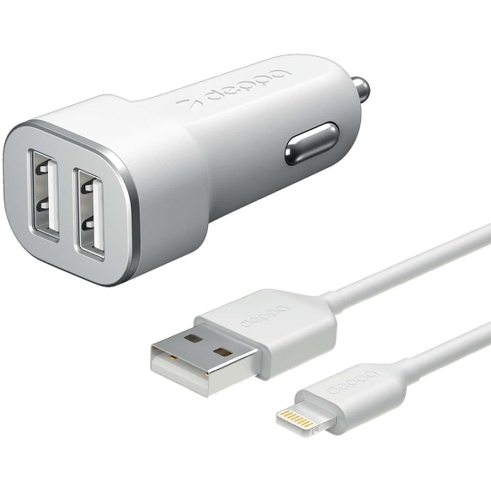 Автомобильное зарядное устройство Deppa Ultra MFI Apple Lightning, 2xUSB, 2.4A, белое (11291)