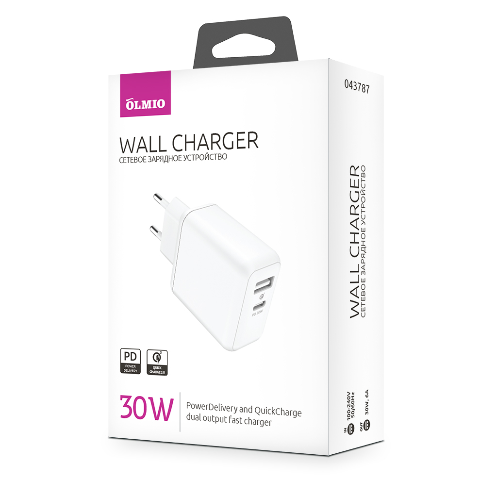 Сетевое зарядное устройство Olmio 043787 30W Type-C + USB PD белый