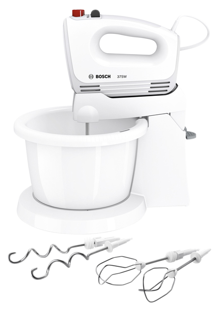 Миксер Bosch MFQ2600W [375 Вт, стационарный, скоростей - 4, корпус - пластик, насадок - 4 шт, турборежим, белый, красный]