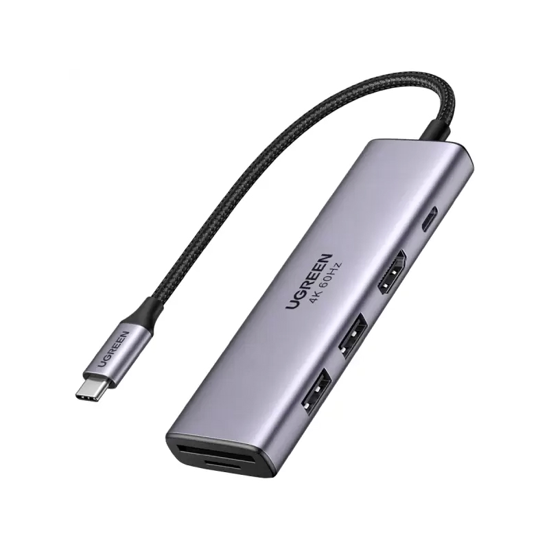 Концентратор UGREEN 60384 USB-C to 3*USB 3.0+PD+HDMI+SD/microSD, серый космос