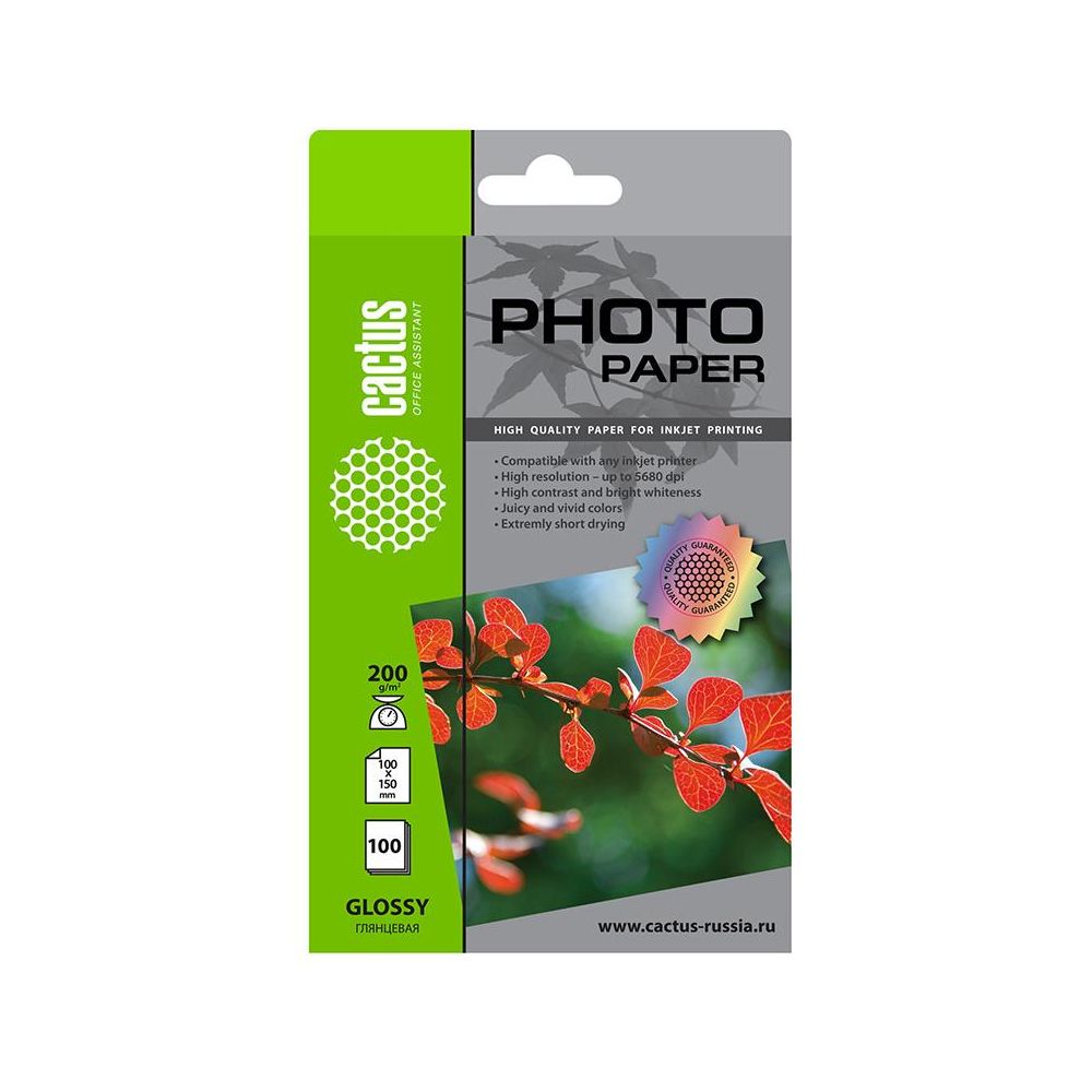 Фотобумага Cactus CS-GA6200100 10x15/200г/м2/100л./белый глянцевое для струйной печати