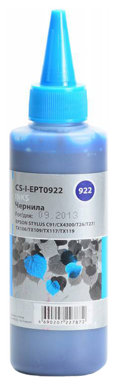Чернила Cactus CS-I-EPT0922 голубой 100мл для Epson St C91/CX4300/T26/T27/TX106/TX109