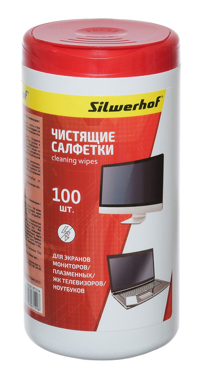 Салфетки Silwerhof 671214 для экранов мониторов/плазменных/ЖК телевизоров/ноутбуков туба 100шт влажн
