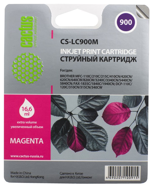 Картридж струйный Cactus CS-LC900M пурпурный (16.6мл) для Brother DCP-110/115/120/MFC-210/215/FAX-18