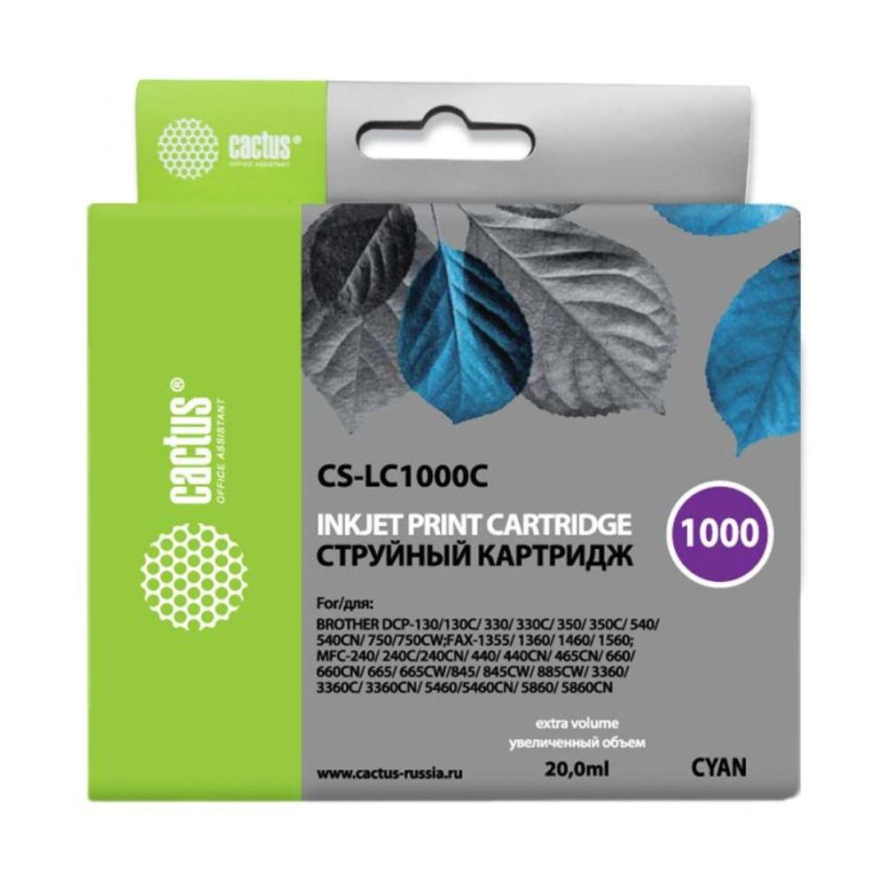 Картридж струйный Cactus CS-LC1000C голубой (20мл) для Brother DCP 130C/330С/MFC-240C/5460CN