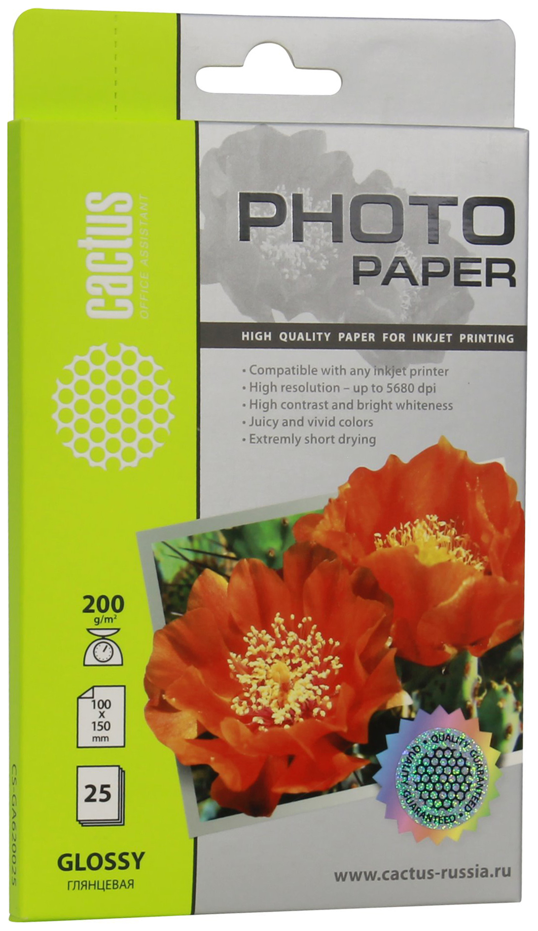 Фотобумага Cactus CS-GA620025 10x15/200г/м2/25л./белый глянцевое для струйной печати