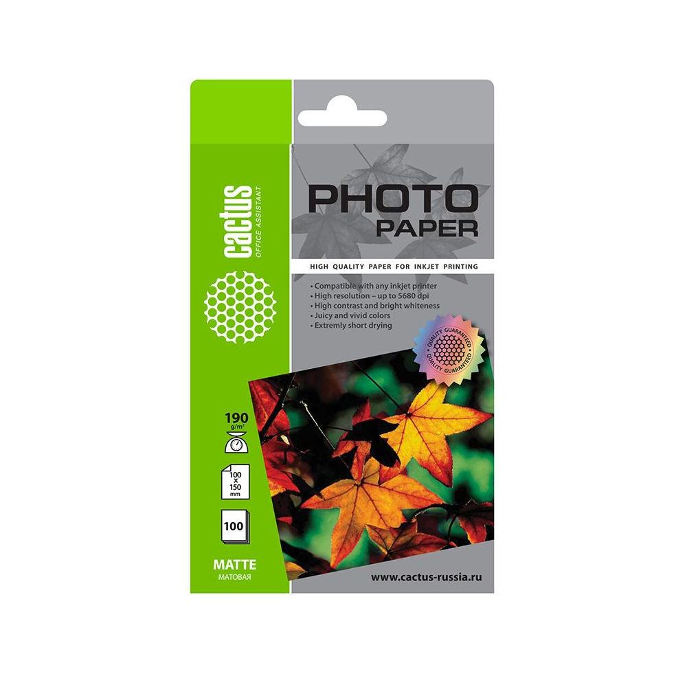 Фотобумага Cactus CS-MA6190100 10x15/190г/м2/100л./белый матовое для струйной печати