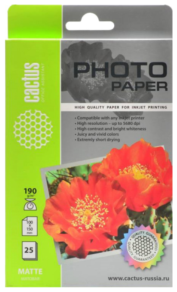 Фотобумага Cactus CS-MA619025 10x15/190г/м2/25л./белый матовое для струйной печати