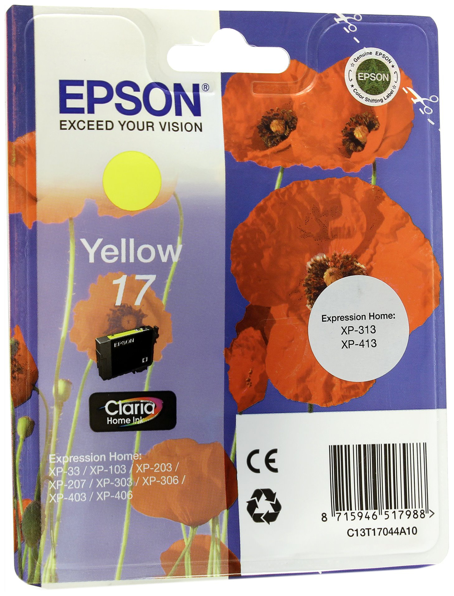 Картридж струйный Epson T1704 C13T17044A10 желтый (150стр.) (3.2мл) для Epson XP33/203/303