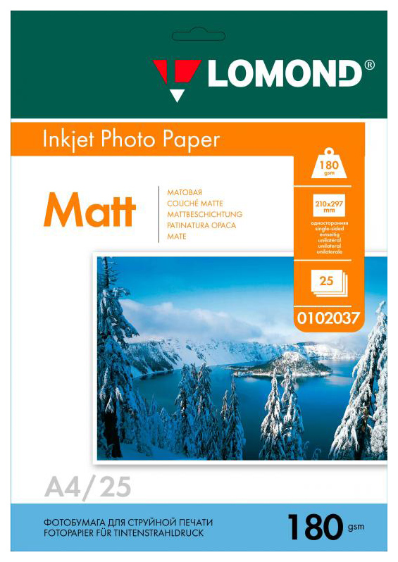 Фотобумага Lomond 0102037 A4/180г/м2/25л./белый матовое для струйной печати