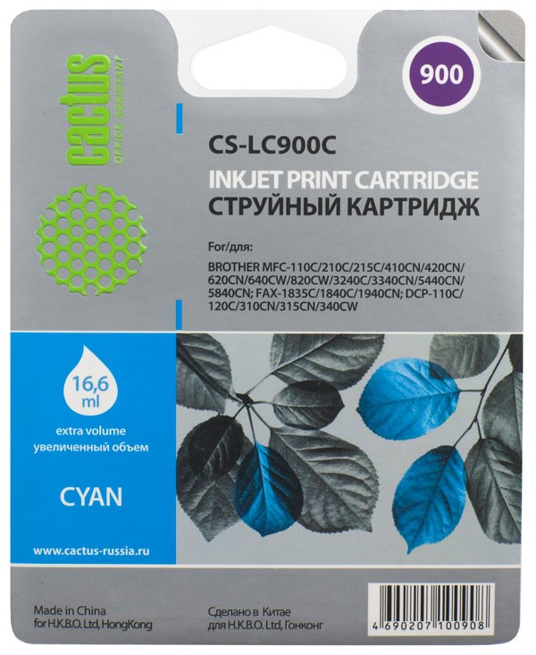 Картридж струйный Cactus CS-LC900C голубой (16.6мл) для Brother DCP-110/115/120/MFC-210/215/FAX-1840