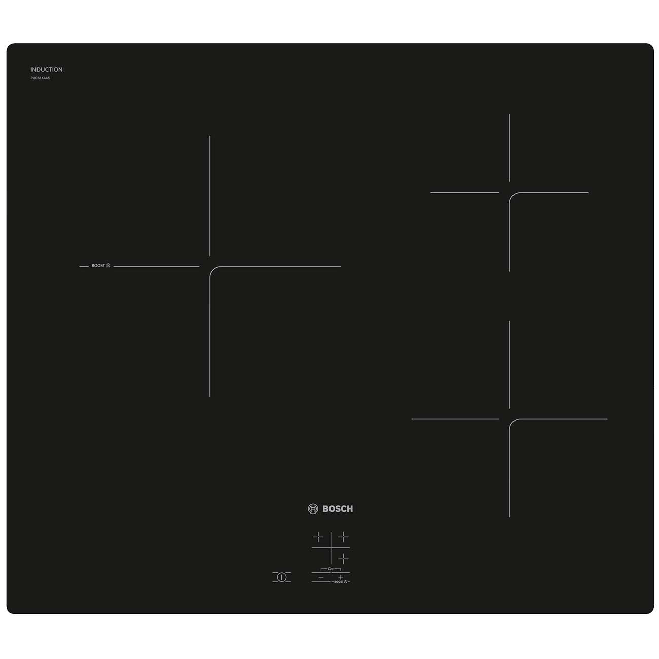 Индукционная варочная поверхность Bosch Serie 2 PUC61KAA5E [3 конф., сенсор, рамка: нет, флекс зона: нет, черный]
