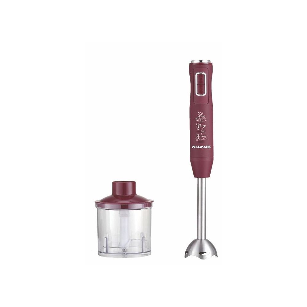 Блендер погружной WILLMARK WHB-1250PS (500Вт,рег.скор,турбо режим,Soft touch, измельчитель,бордовый)