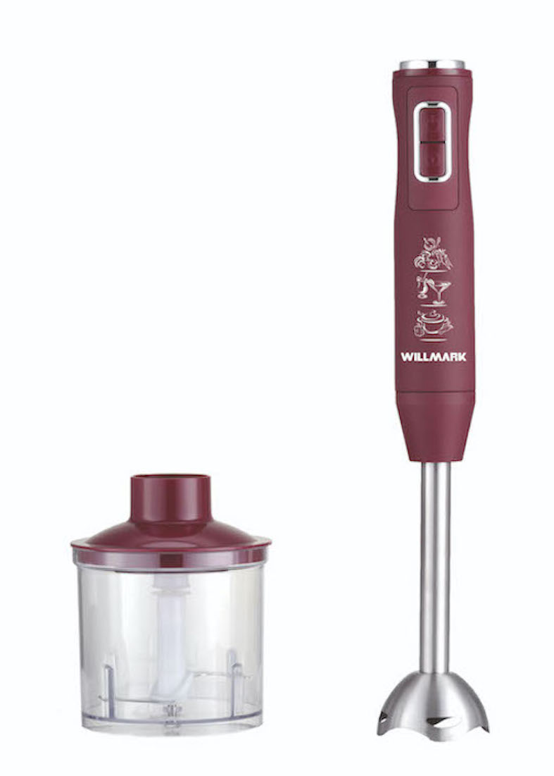 Блендер погружной WILLMARK WHB-1250PS (500Вт,рег.скор,турбо режим,Soft touch, измельчитель,бордовый)