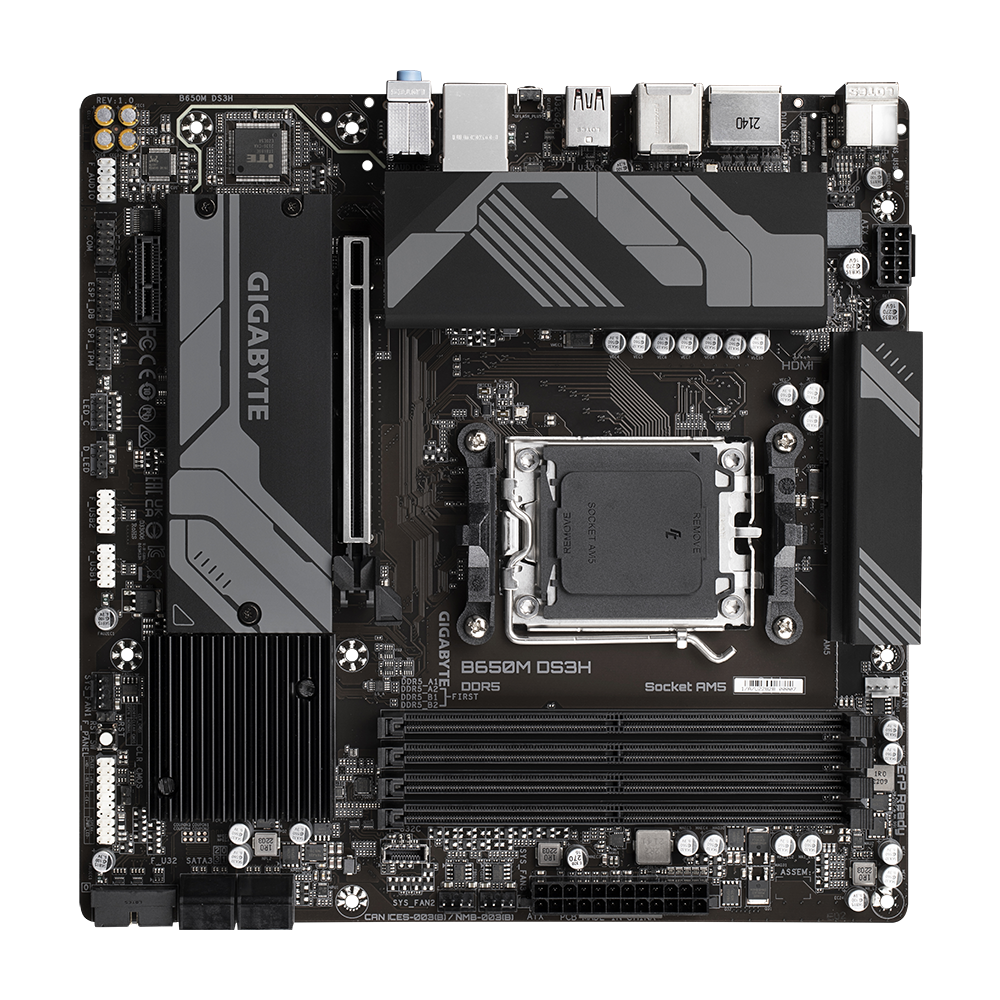 Материнская плата Gigabyte B650M DS3H (V1.3), Socket AM5, AMD B650, 4xDDR5-5200, HDMI+DP+DP, 1xPCI-Ex16, 1xPCI-Ex1, 4xSATA3(RAID 0/1/10), 2xM.2, 8 Ch Audio, 2.5GLan, (4+4)xUSB2.0, (3+2)xUSB3.2, (1+1)xUSB3.2 Type-C™, 1xPS/2, mATX, RTL