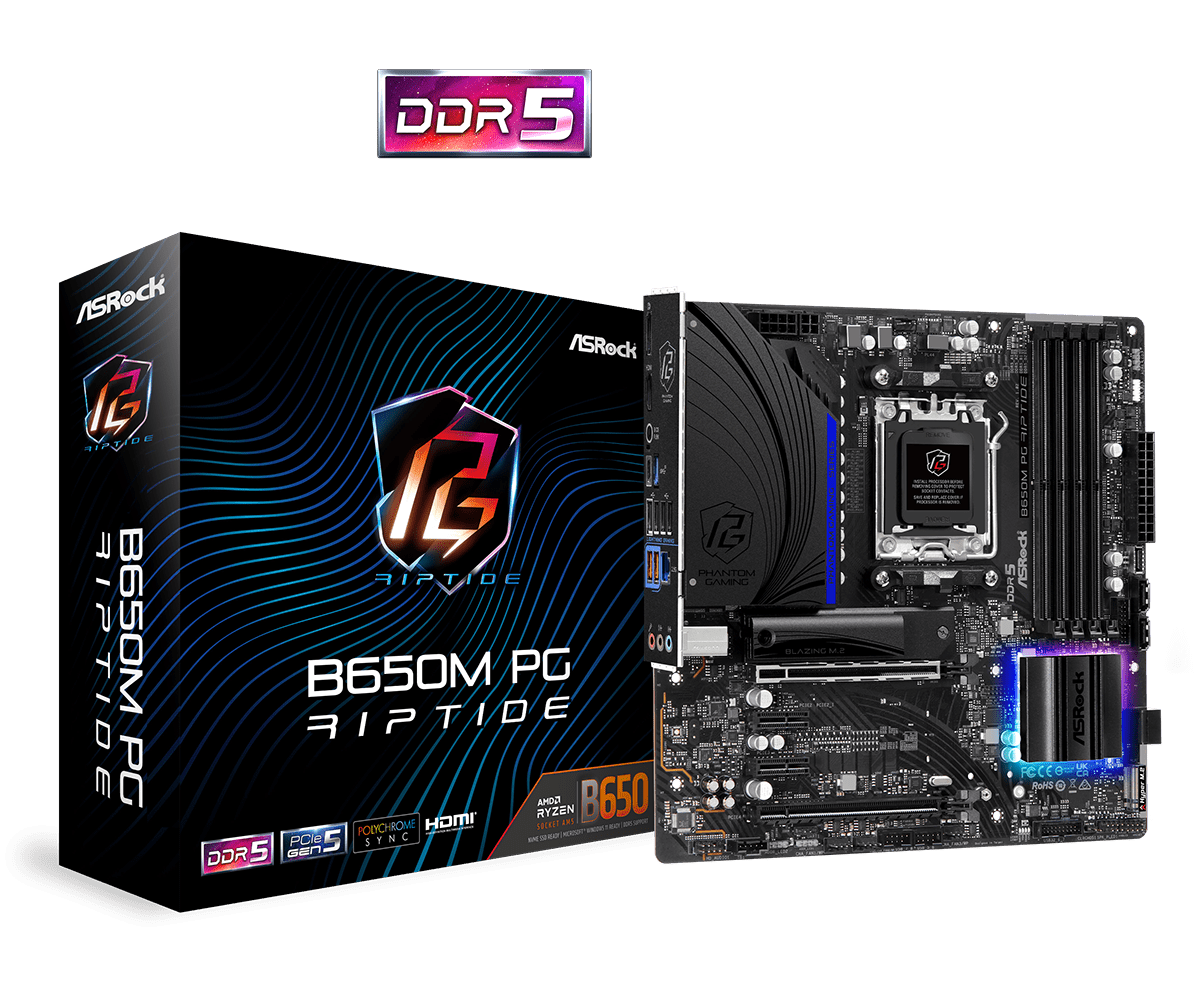 Материнская плата ASROCK B650M PG RIPTIDE, AM5, B650, 4*DDR5, HDMI+DP, 4xSATA3 6.0, M.2 Socket, RAID, 6xUSB 3.2, 8xUSB 2.0, Type-C, mATX; 90-MXBJ90-A0UAYZ