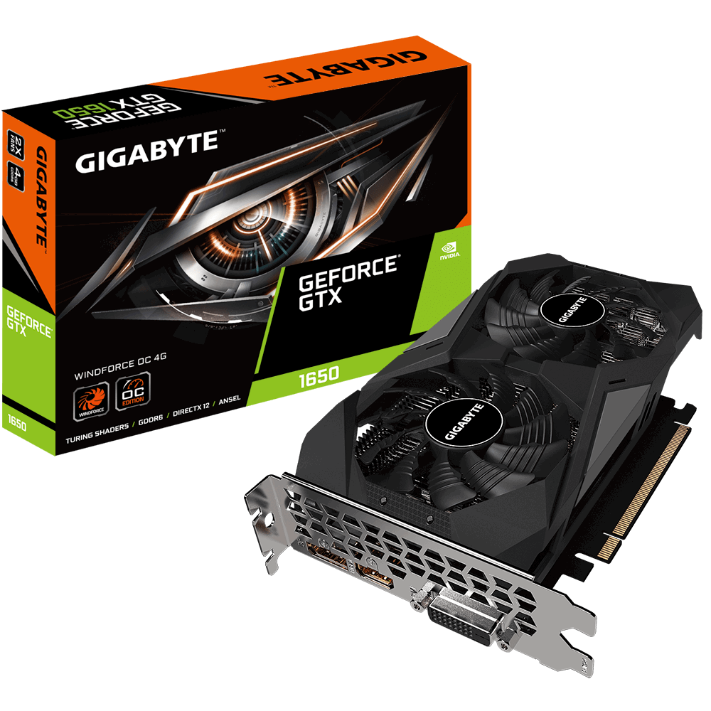 Видеокарта Gigabyte GV-N1656WF2OC-4GD (V1.0/V2.0/V3.0) nVidia GeForce GTX 1650 4096Mb PCI-E  128bit GDDR6 1665/8002/HDMIx2/DPx1/HDCP Ret